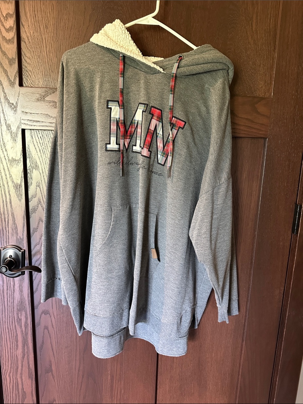 Maurices Gray Sherpa-Lined Hoodie with Plaid Trim